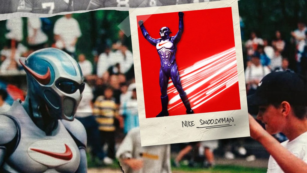 swoosh dans son costume de super heros