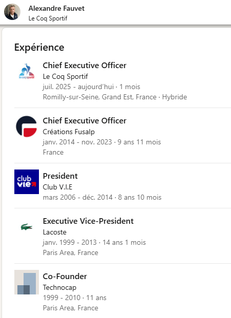 Le CV Linkedin d'Alexandre Fauvet, nouveau DG du Coq Sportif
