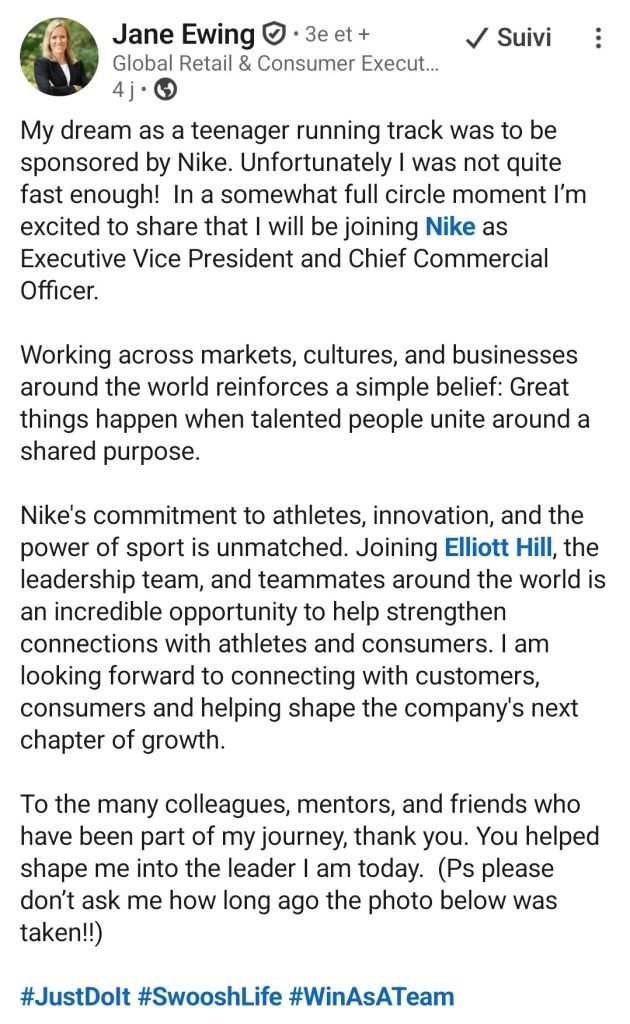 Jane Ewing rejoint Nike, et l'annonce via son linkedin